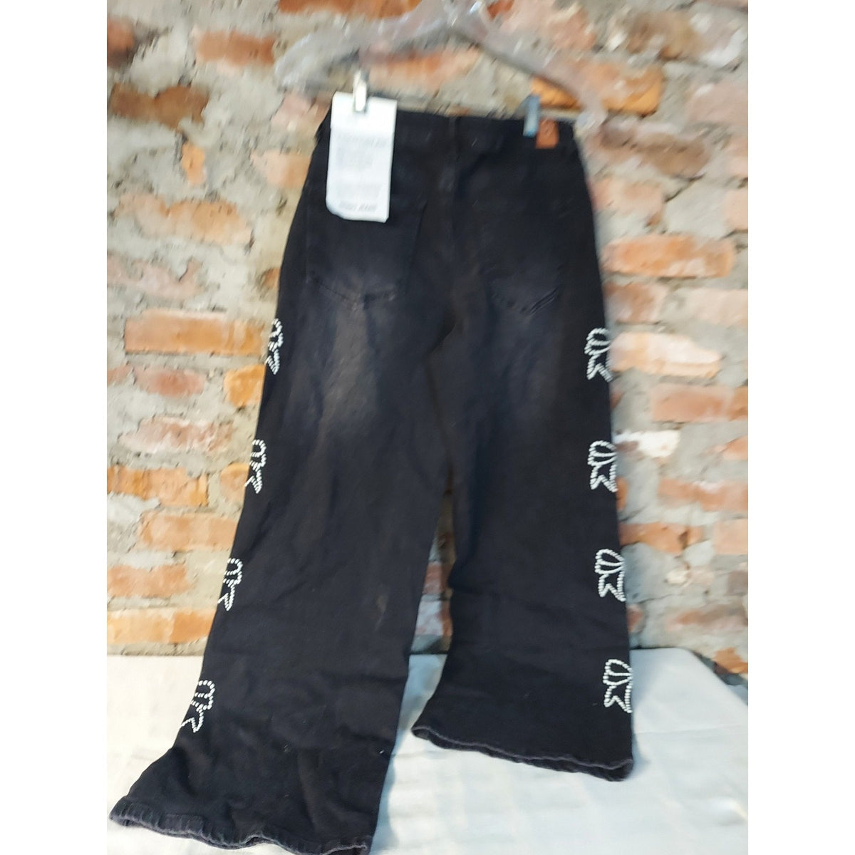 GO GO JEANS Womens Wide Leg Jeans Size 9 29 Distressed Black Rhinestone Bow NWT
