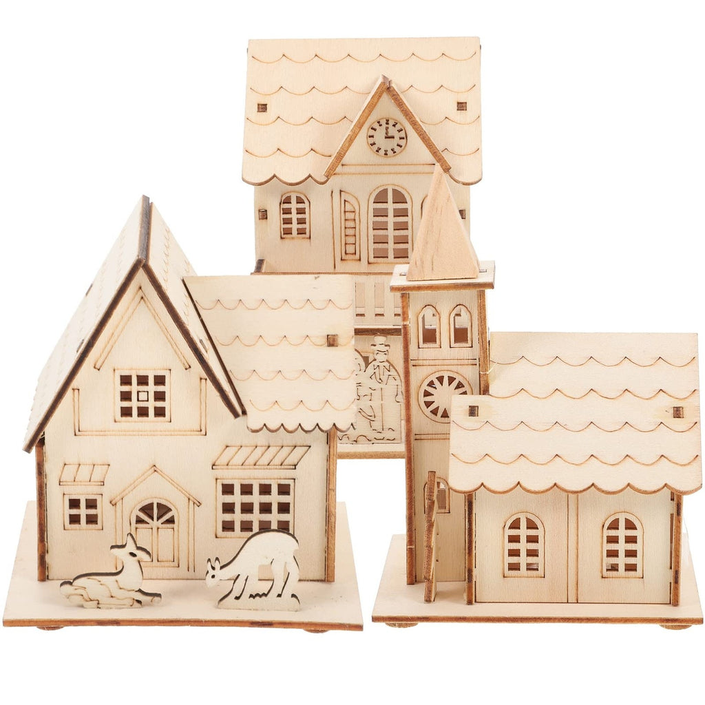 Wooden Miniature Village House Set Christmas Decor Nativity Deer DIY Unfinished