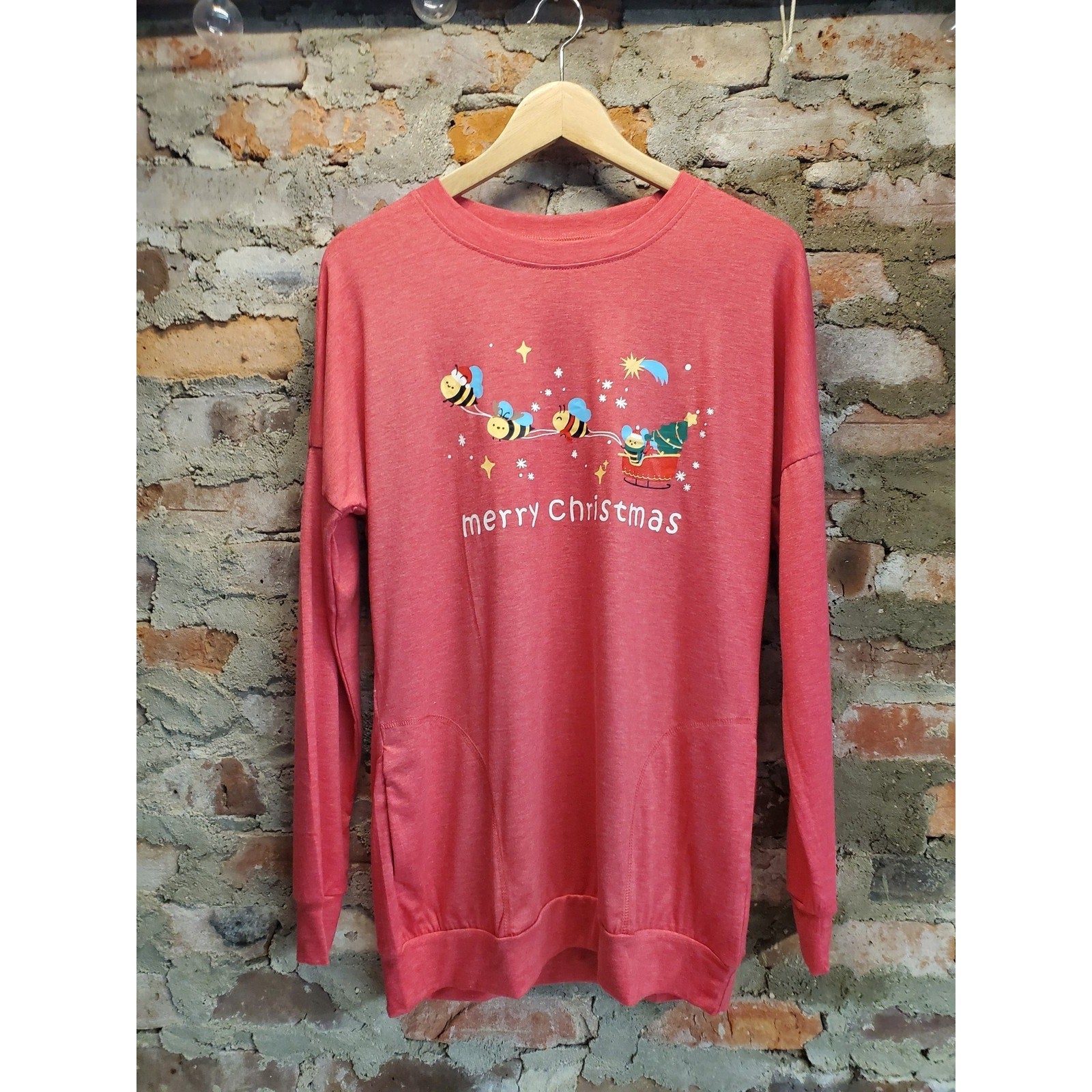 Womens Long Sleeve Pullover Sweatshirt S Heather Red Christmas Holiday Graphic
