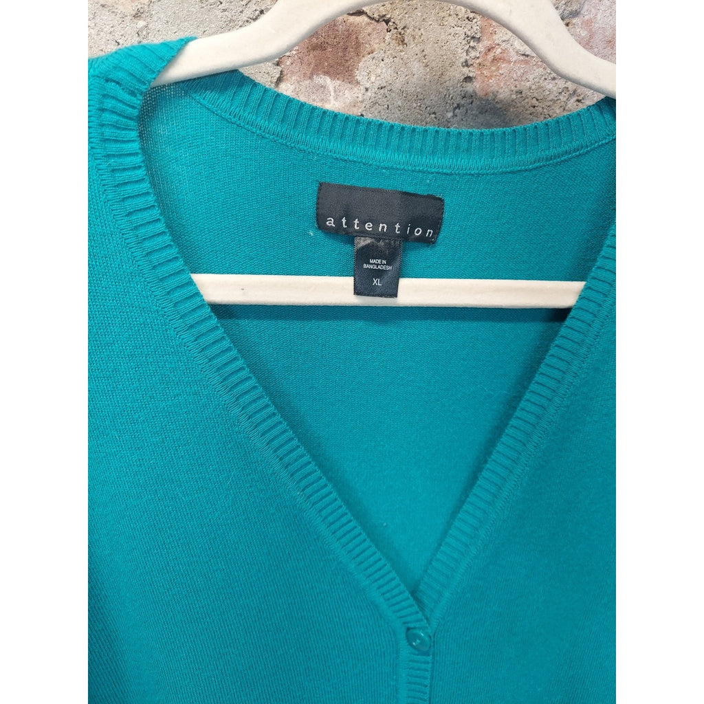 Attention Womens Cardigan XL Teal V Neck Button Up Long Sleeve Sweater