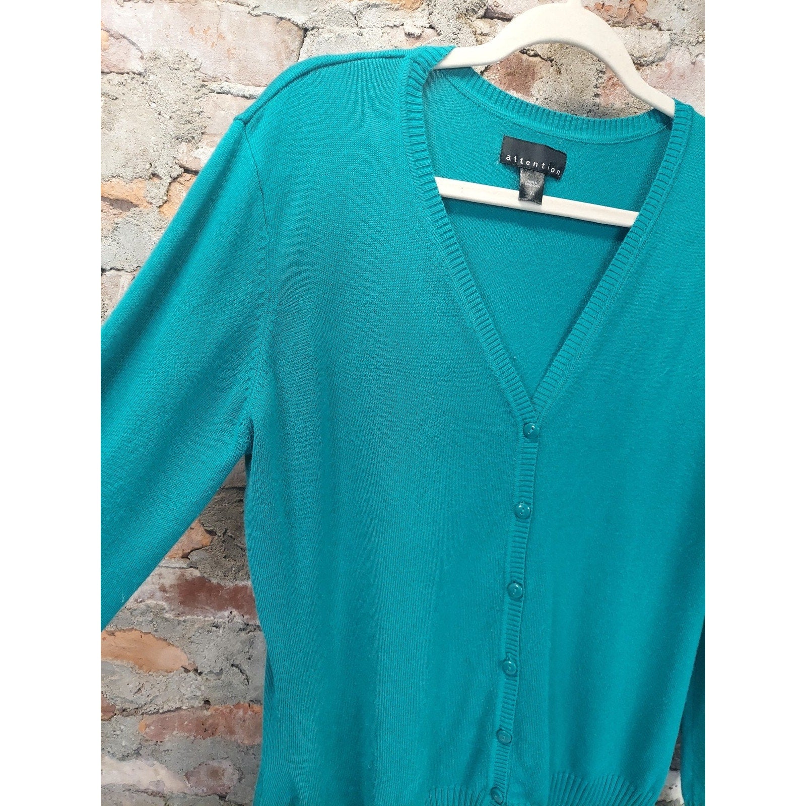 Attention Womens Cardigan XL Teal V Neck Button Up Long Sleeve Sweater