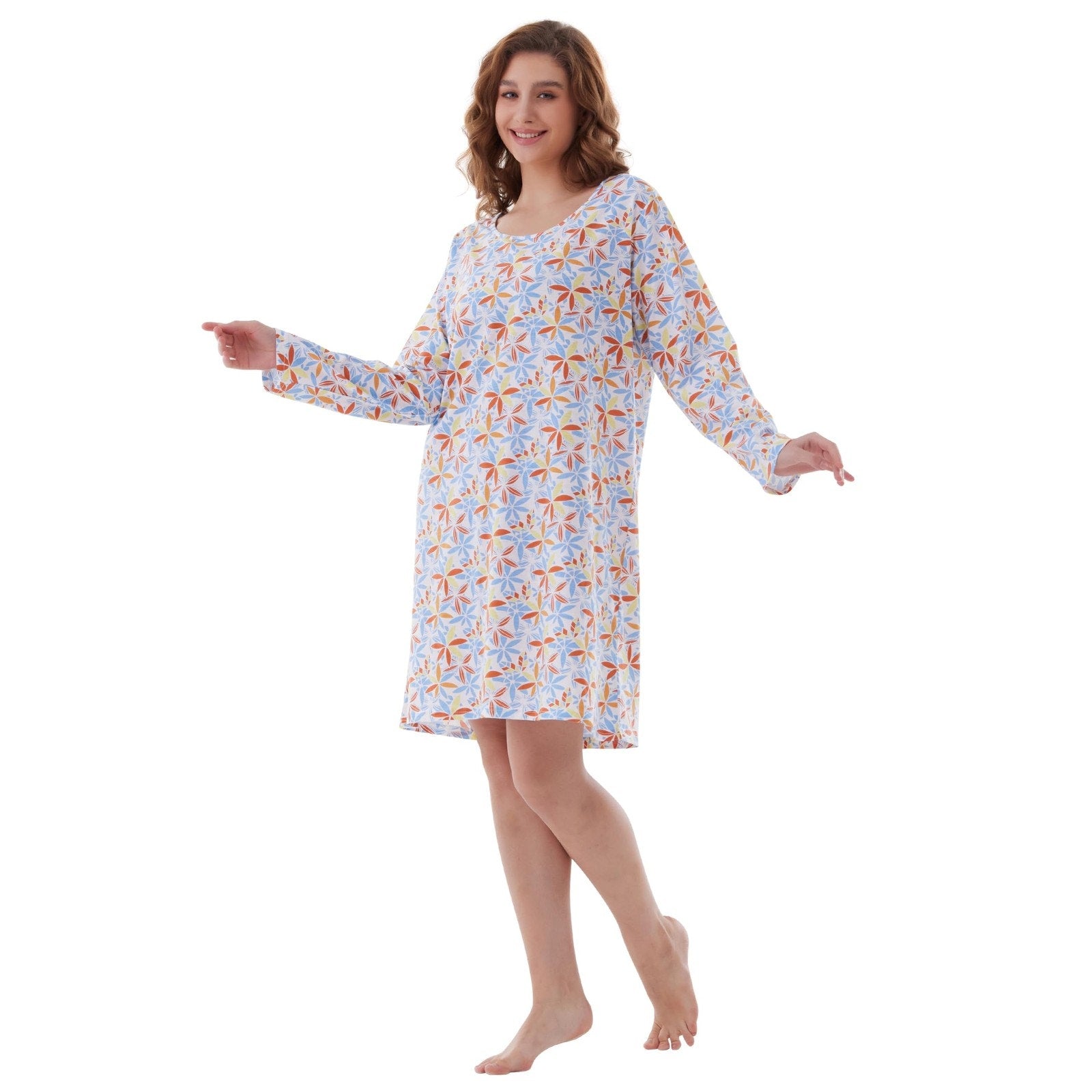 Keytime Womens Nightgown Large Blue Orange Floral Print Long Sleeve