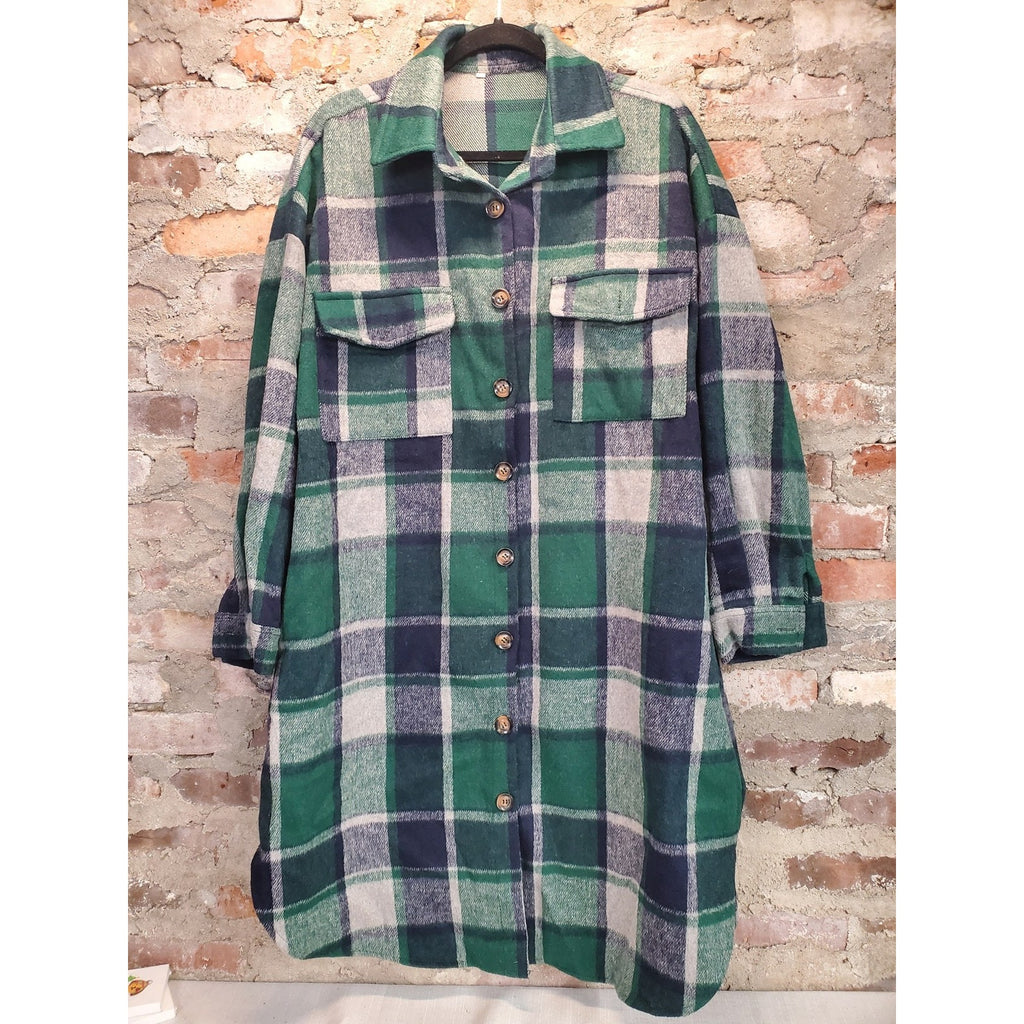 Womens Shacket Plaid Shirt Jacket L Green Blue Gray Flannel Oversized Button Up