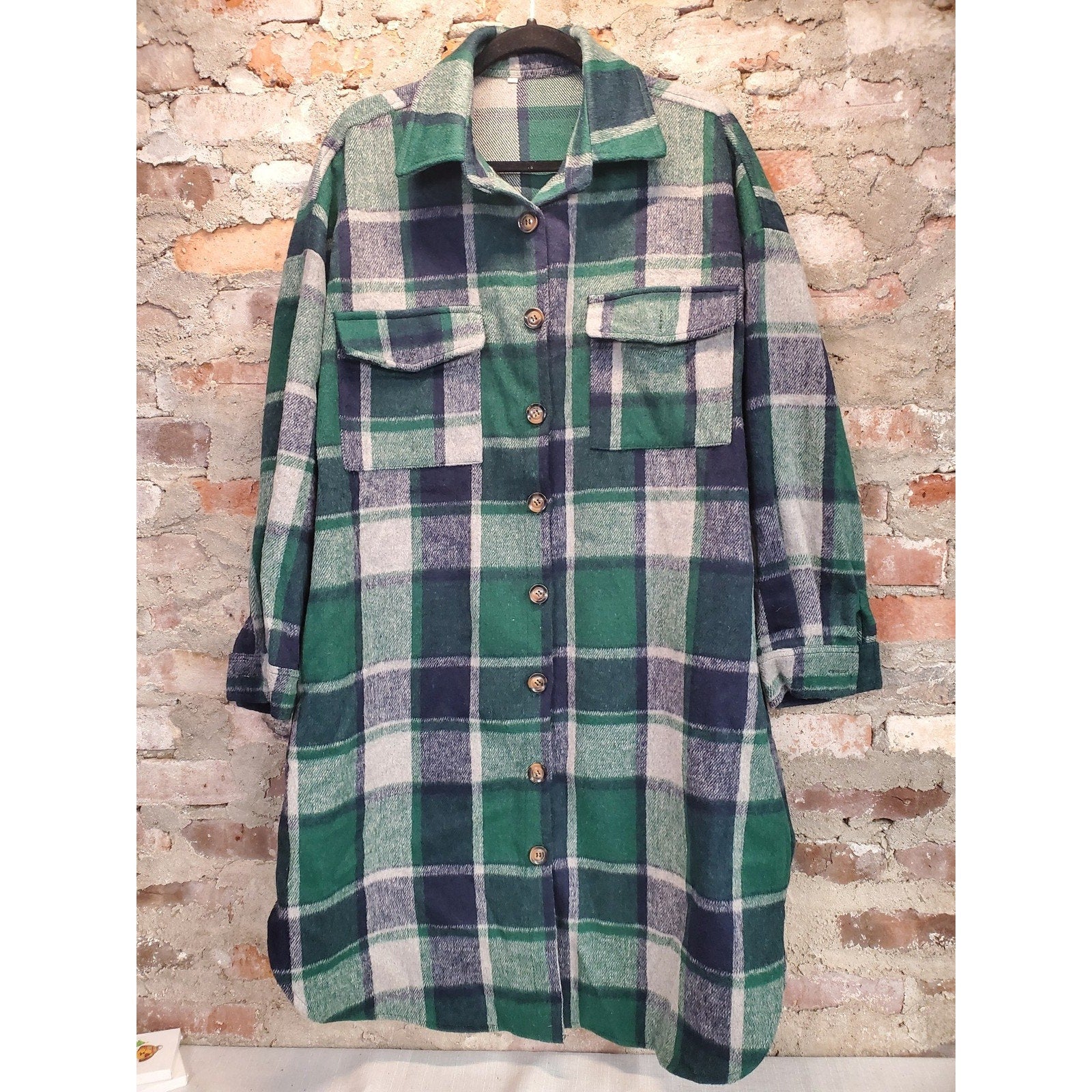 Womens Shacket Plaid Shirt Jacket L Green Blue Gray Flannel Oversized Button Up
