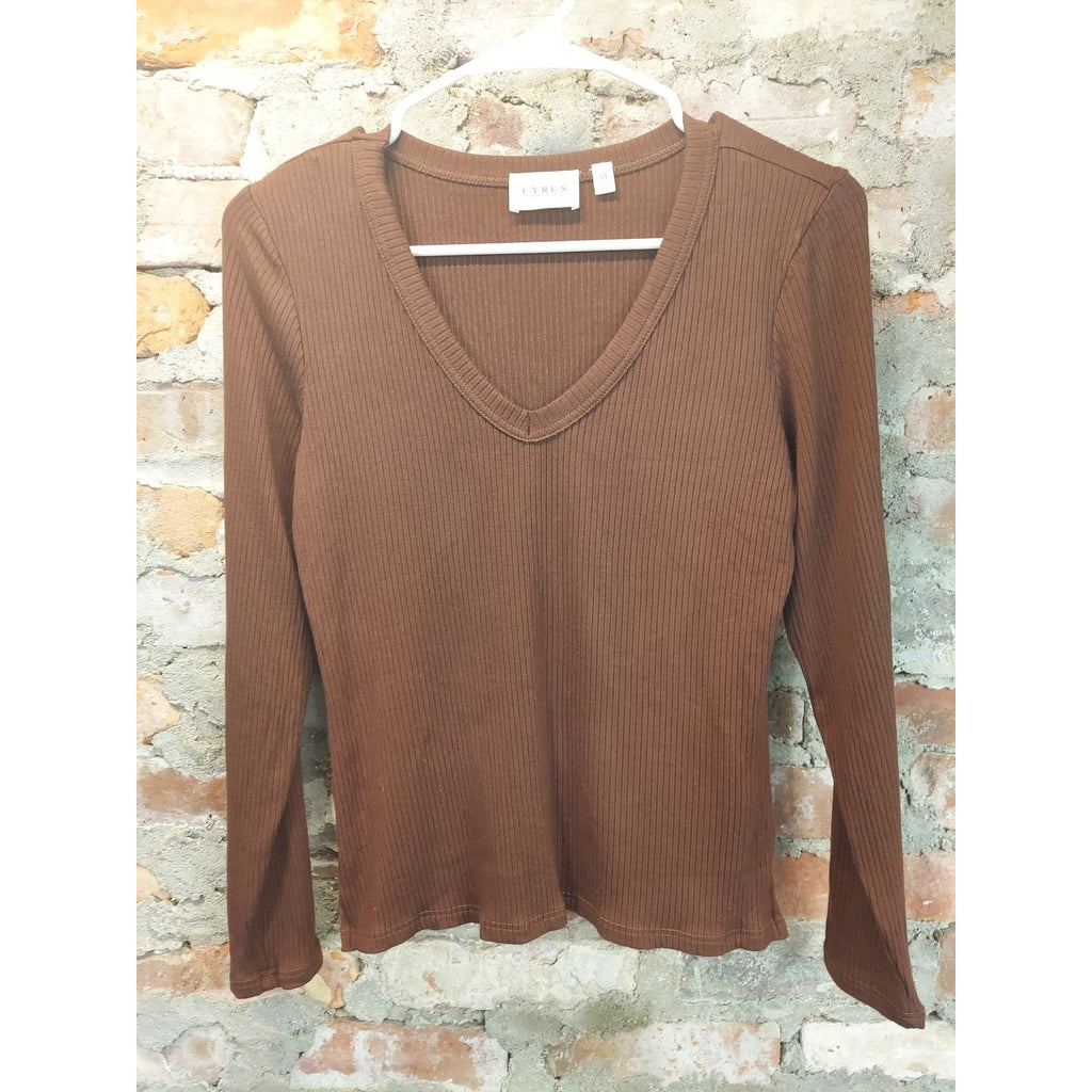 Cyrus Essentials Womens Ribbed Knit V Neck Long Sleeve Top Size M Brown