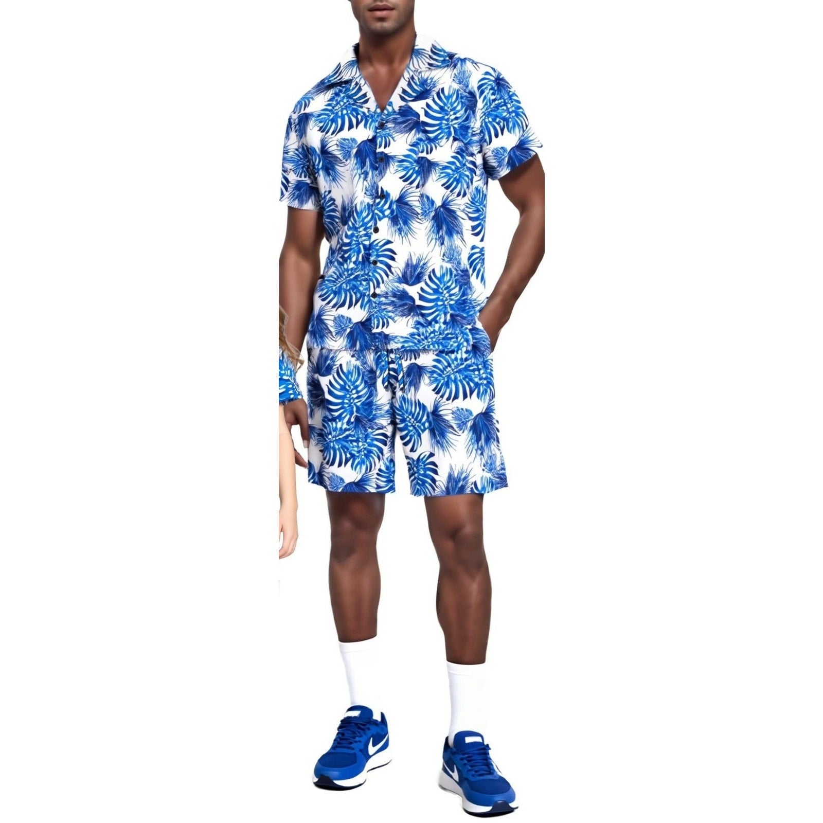 Mens Hawaiian Shirt Shorts Set L Blue White Tropical Beach Vacation Outfit