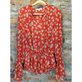 Derek Lam Collective Womens Blouse XL Red White Floral Long Sleeve Peplum Ruffle
