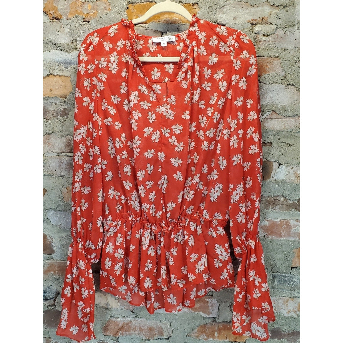 Derek Lam Collective Womens Blouse XL Red White Floral Long Sleeve Peplum Ruffle