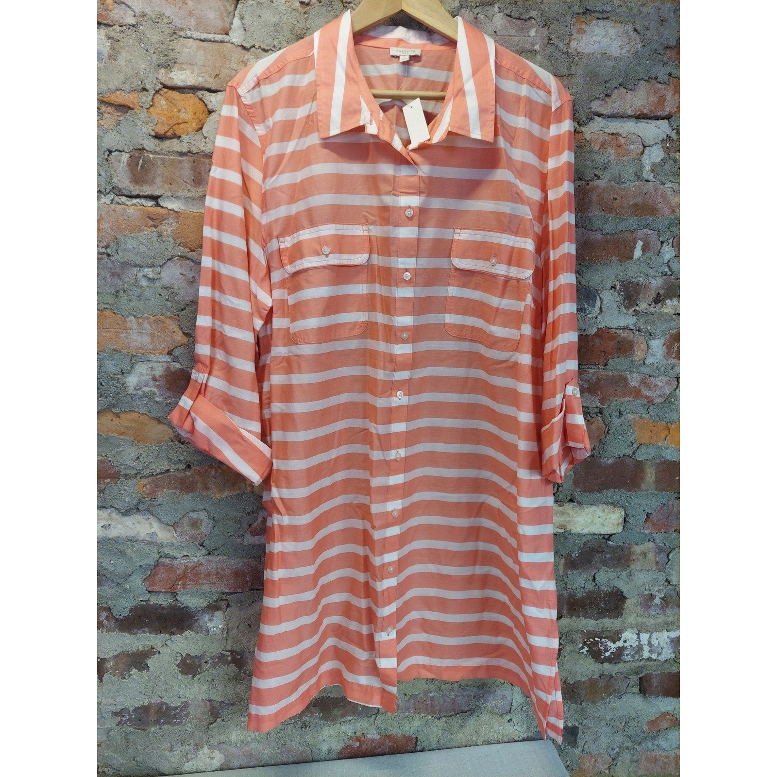Talbots Womens Shirtdress Button Down Tunic XL Coral White Striped 100% Cotton