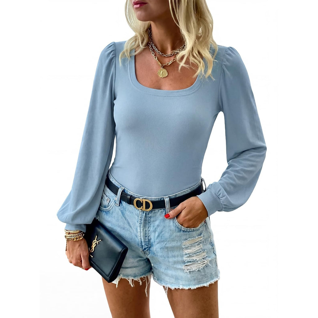 HEYTALALA Womens Puff Sleeve Sweater Top XL Blue Square Neck Long Sleeve