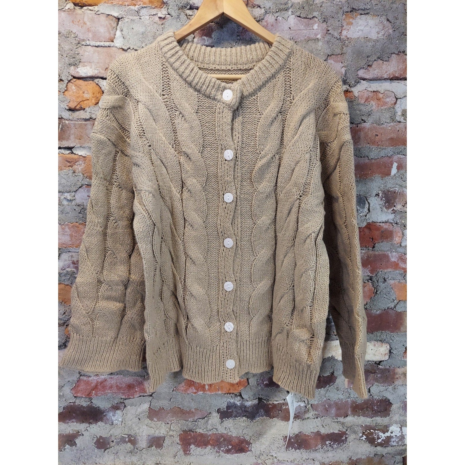 Womens Cable Knit Button Up Cardigan M Khaki Long Sleeve Sweater