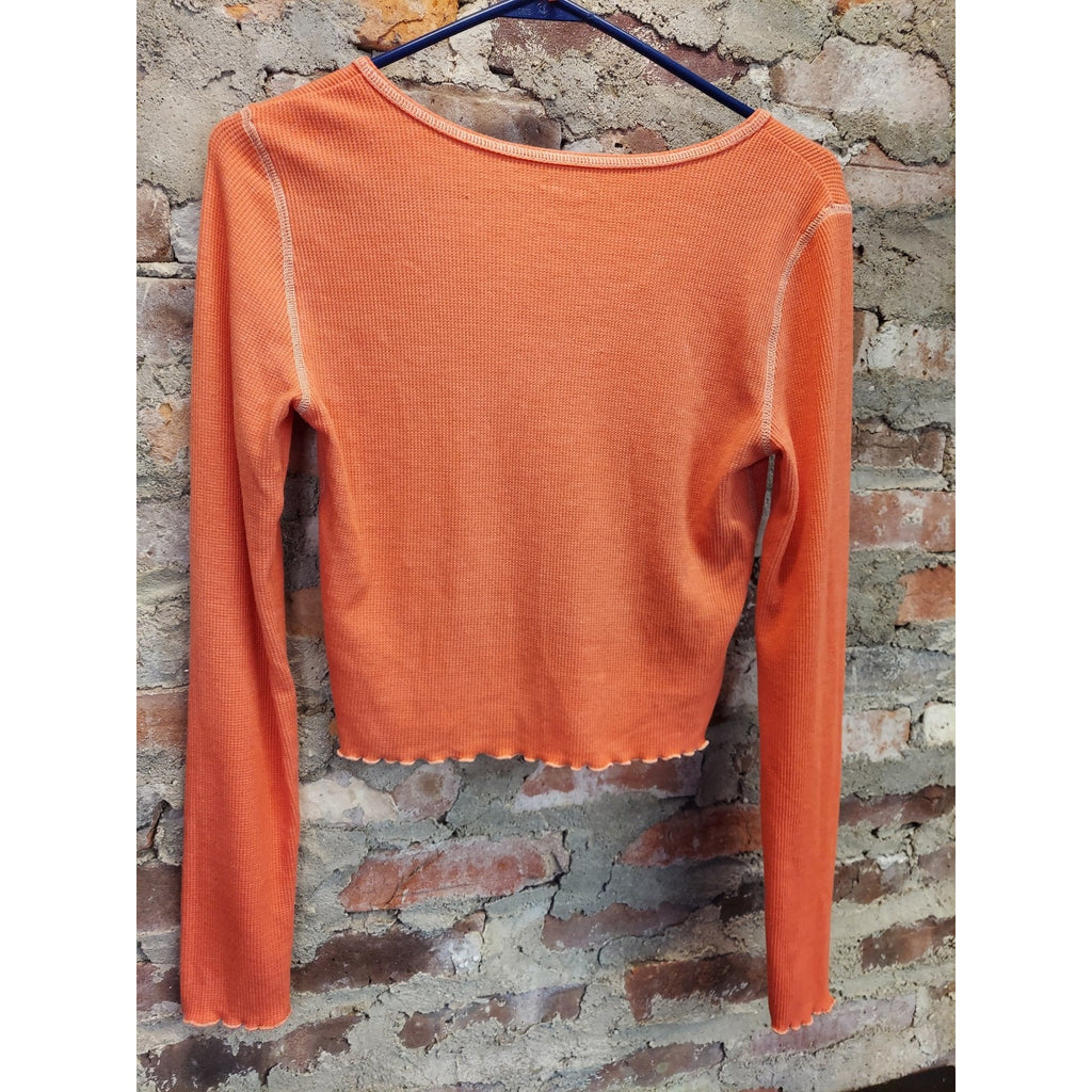 American Eagle Womens Long Sleeve Waffle Thermal V Neck Cropped Top S Orange