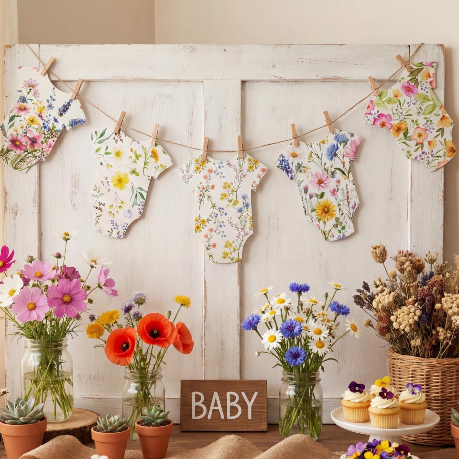Fiennia Baby Shower Decoration Kit Floral Undershirt Garland Clothespins Twine