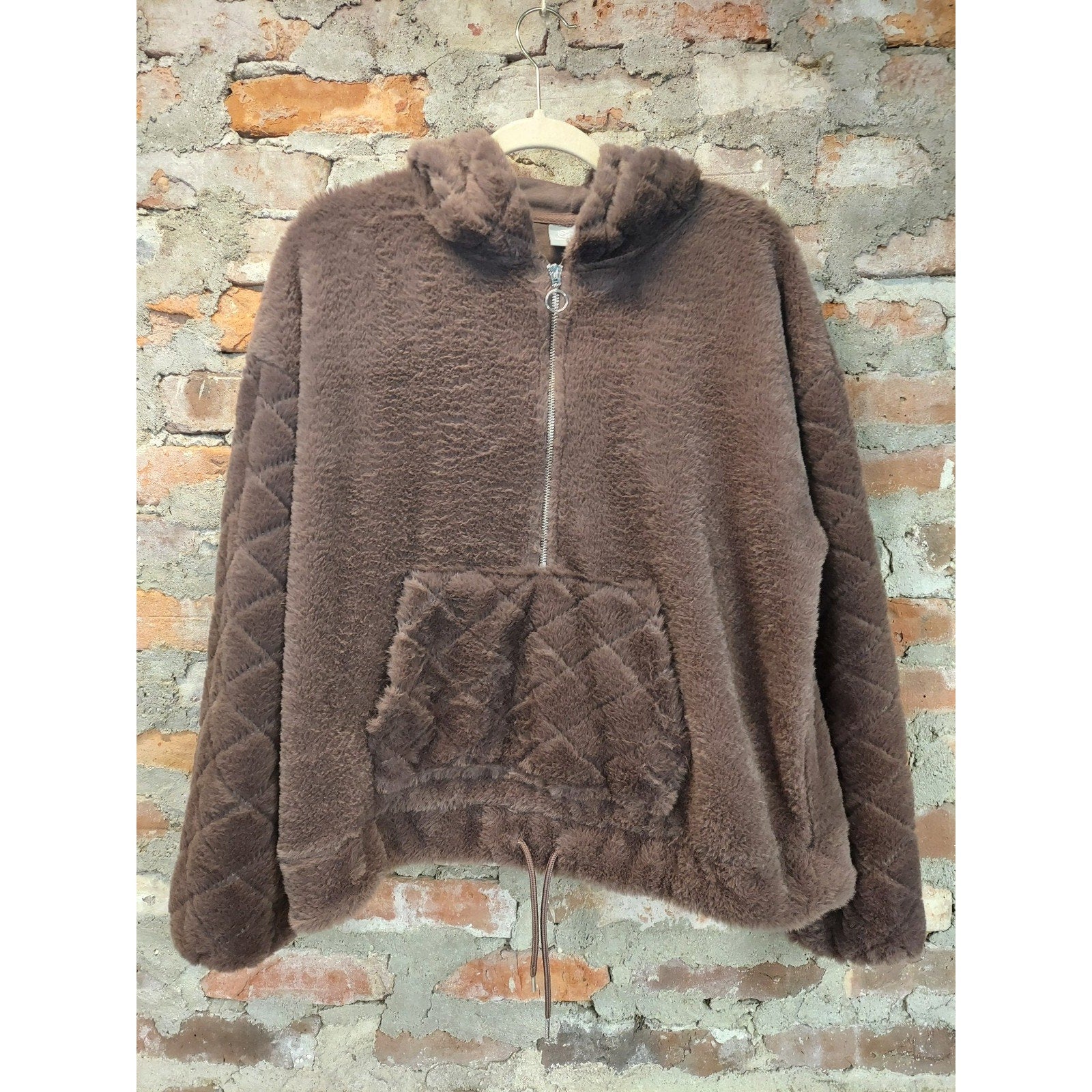 Daisy Fuentes Womens Hoodie Faux Fur Quarter Zip L Brown Pullover Sherpa Quilted
