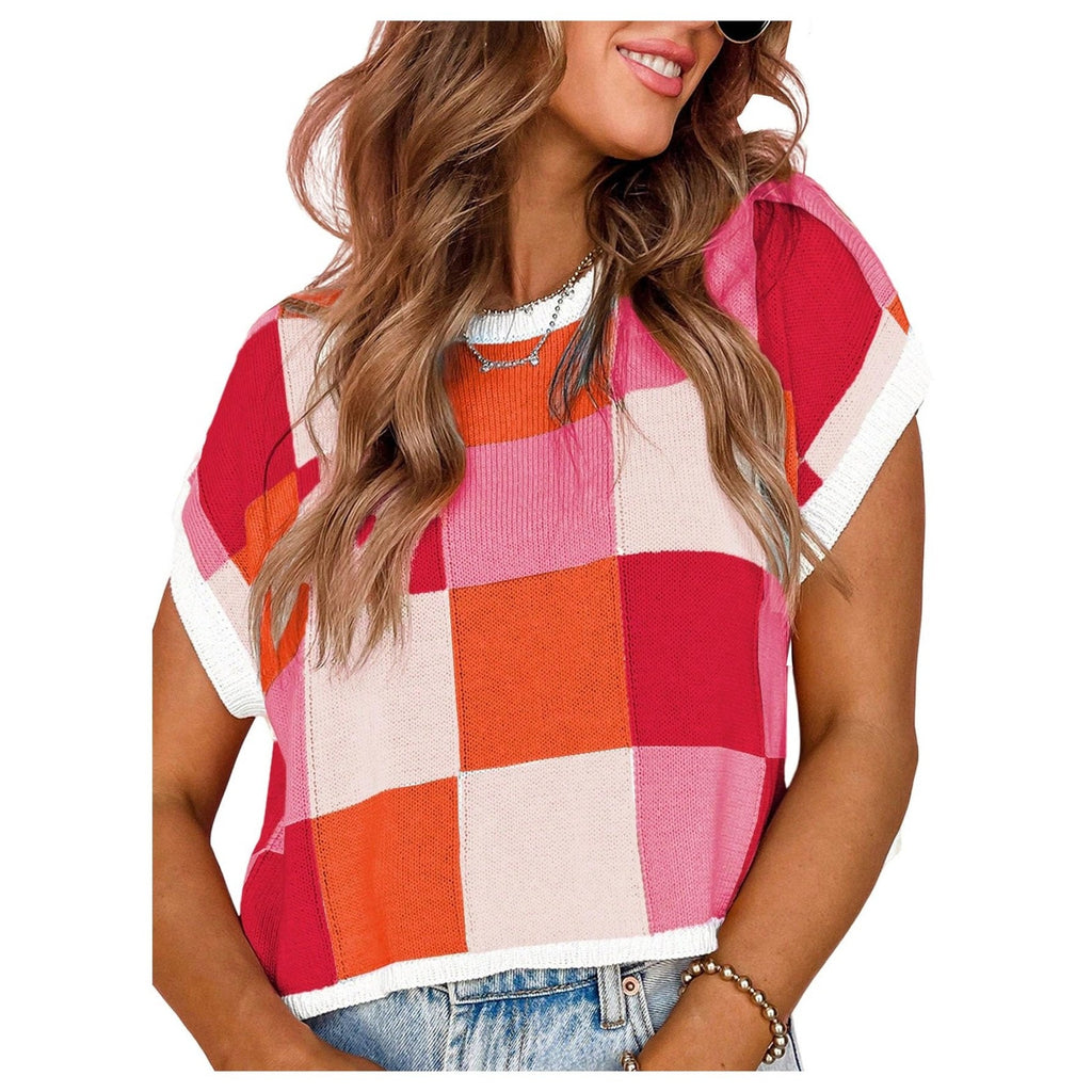 WDIBARA Womens Checker Knit Top XS Multicolor Short Sleeve Pullover Crew Neck