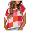 WDIBARA Womens Checker Knit Top XS Multicolor Short Sleeve Pullover Crew Neck