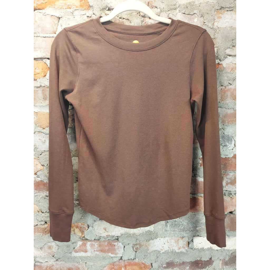 C&C California Womens Long Sleeve Shirt Small Brown Crew Neck Curved Hem