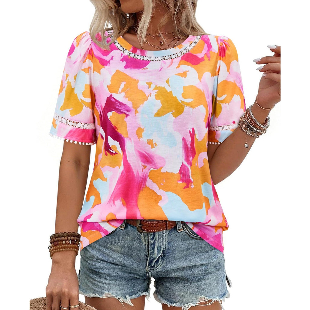 siliteelon Womens Top XL Multicolor Floral Puff Sleeve Pom Pom Trim Lace Neck