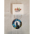 Wolf Howling Moon Christmas Ornament Stained Glass Look Round Ceramic Wildlife