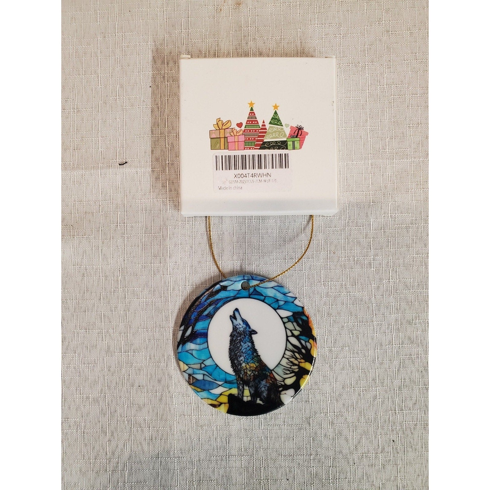 Wolf Howling Moon Christmas Ornament Stained Glass Look Round Ceramic Wildlife