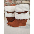 NEWBELLA Womens Ankle Boots 7.5 Brown White Faux Fur Wedge Side Zip Pointed Toe