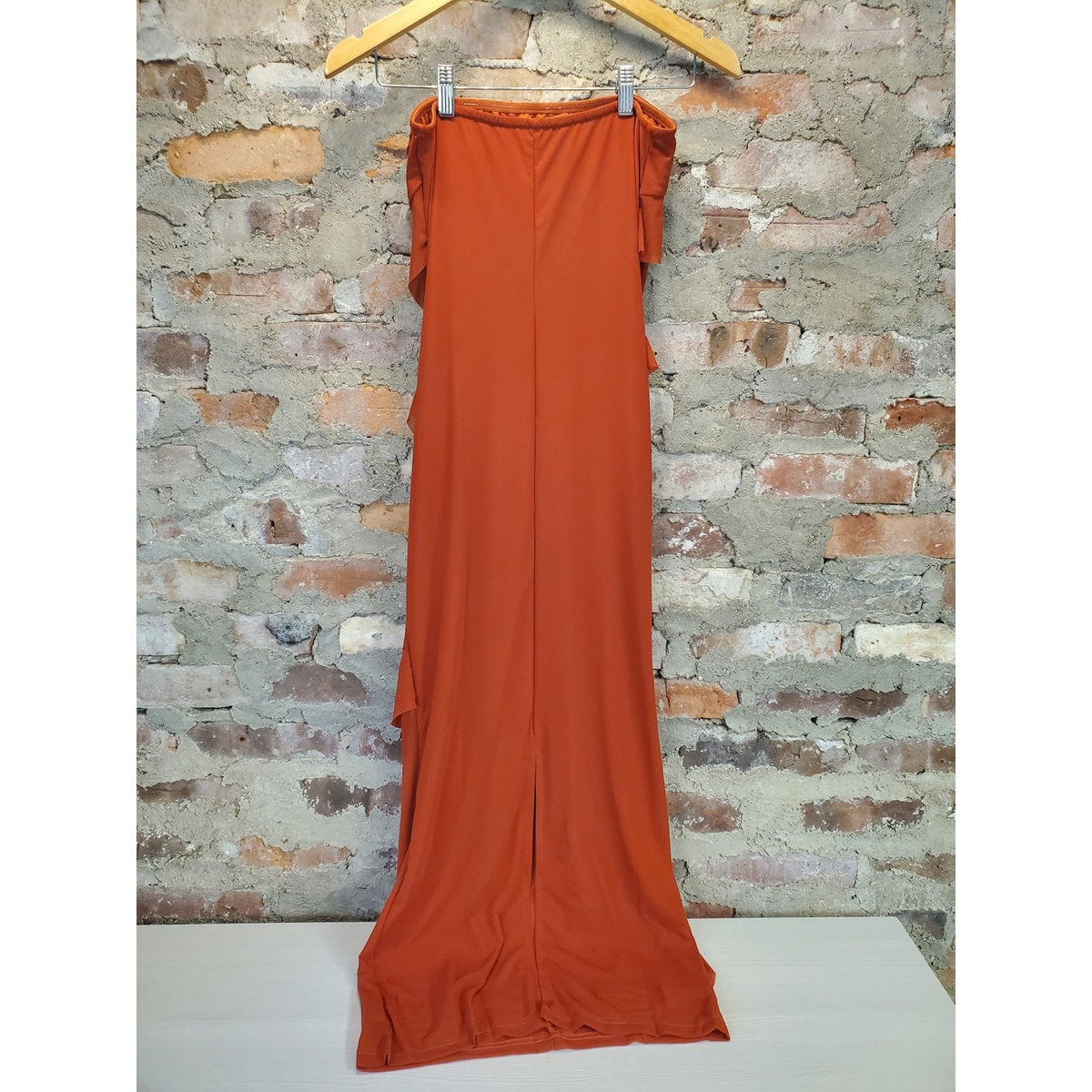 BTFBM Womens Strapless Ruffle Maxi Dress S Small Rust Solid Flowy New Summer