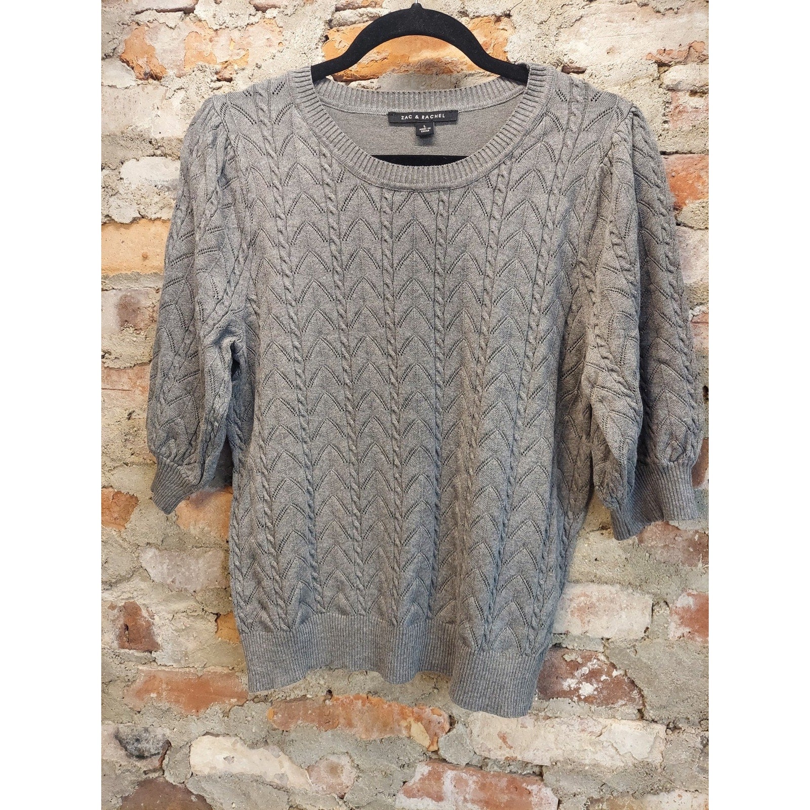 ZAC & RACHEL Womens Sweater L Gray Cable Knit 3/4 Puff Sleeve Pullover Crew Neck
