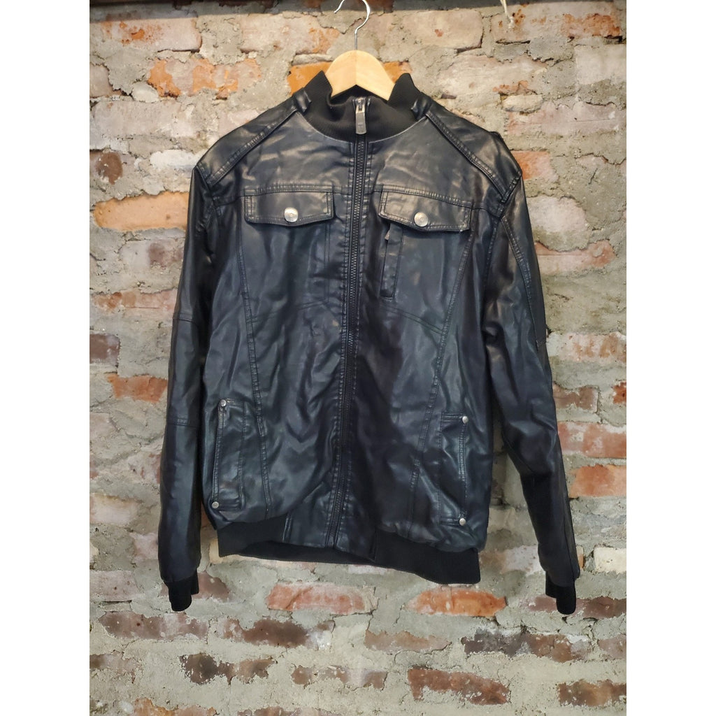 REFINERY REPUBLIC Mens Bomber Jacket L Black Faux Leather Full Zip Ribbed