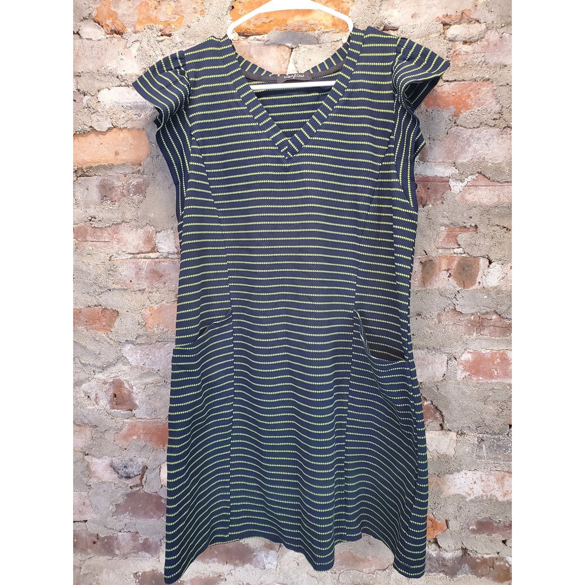 MIEAZOM Womens Dress Small Navy Lime Green Stripe Ruffle Sleeve V Neck Pockets