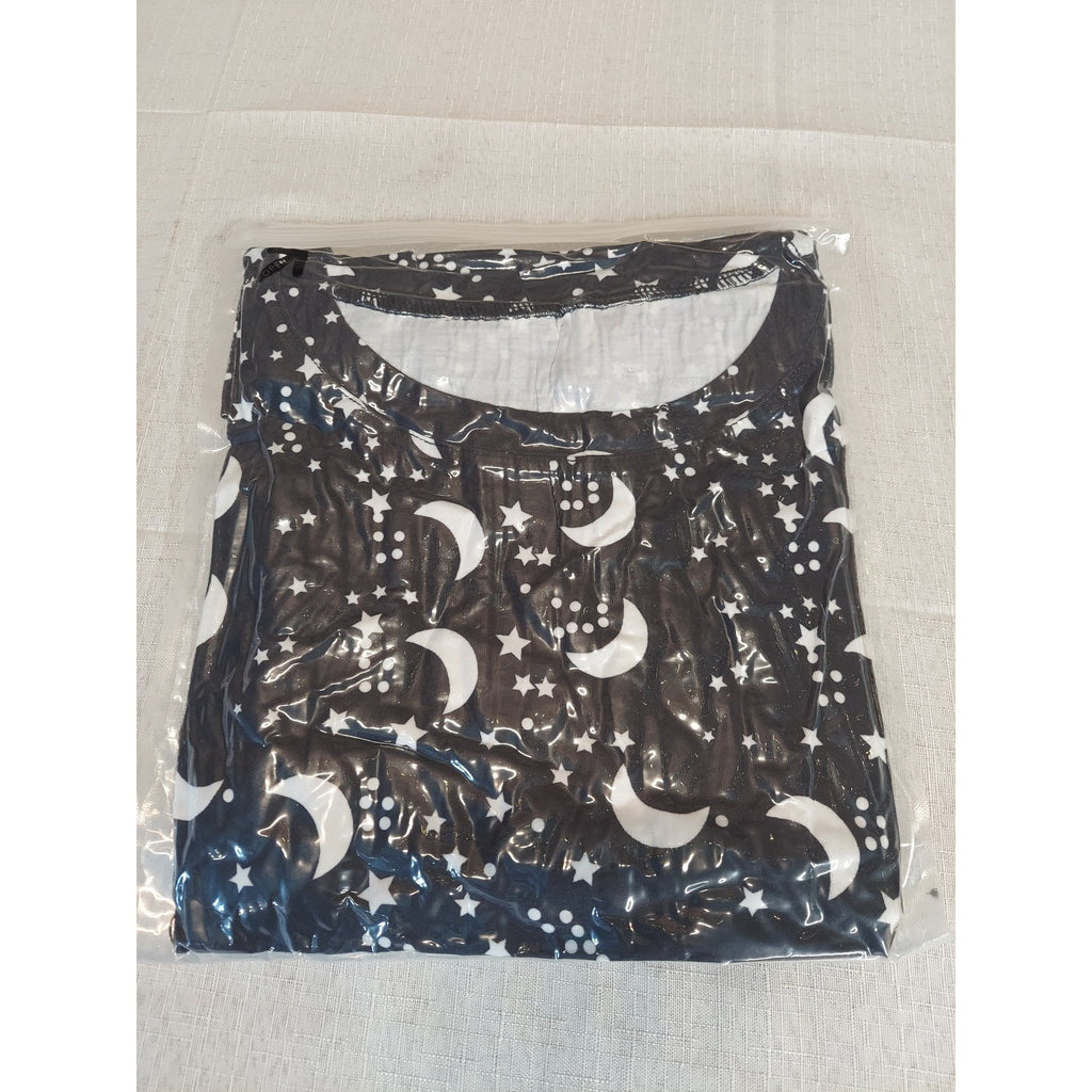Womens Pajama Shorts Set Sz S Moon Star Print Two Piece Black White Short Sleeve
