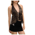 Womens L Leopard Print Halter Cropped Top Deep V Neck Sleeveless Flowy Y2K