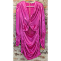 Glamaker Womens Hot Pink Satin Ruched Mini Dress XL Long Sleeve V Neck Cutout