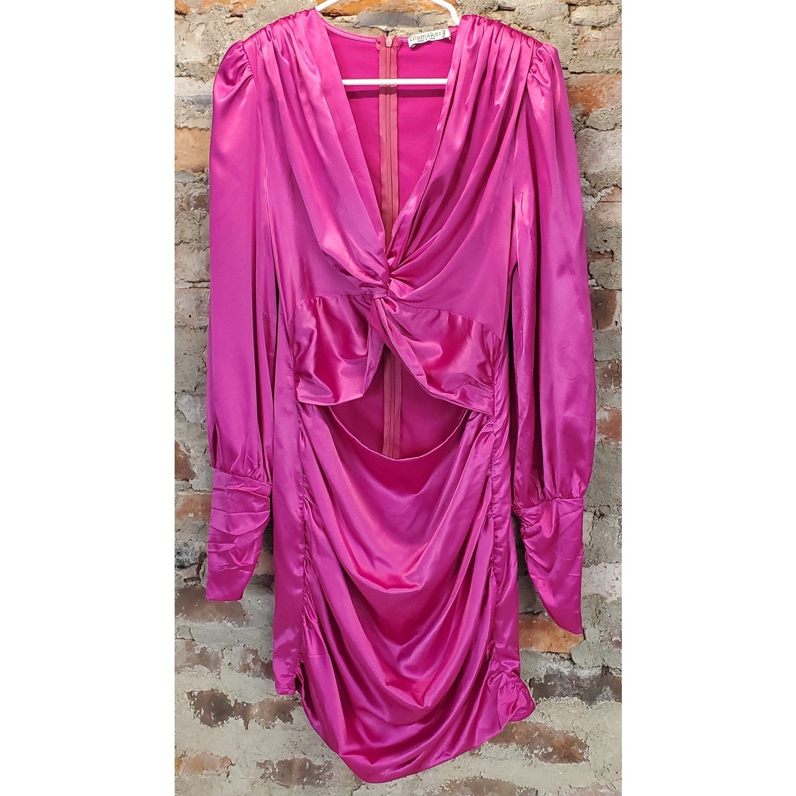 Glamaker Womens Hot Pink Satin Ruched Mini Dress XL Long Sleeve V Neck Cutout