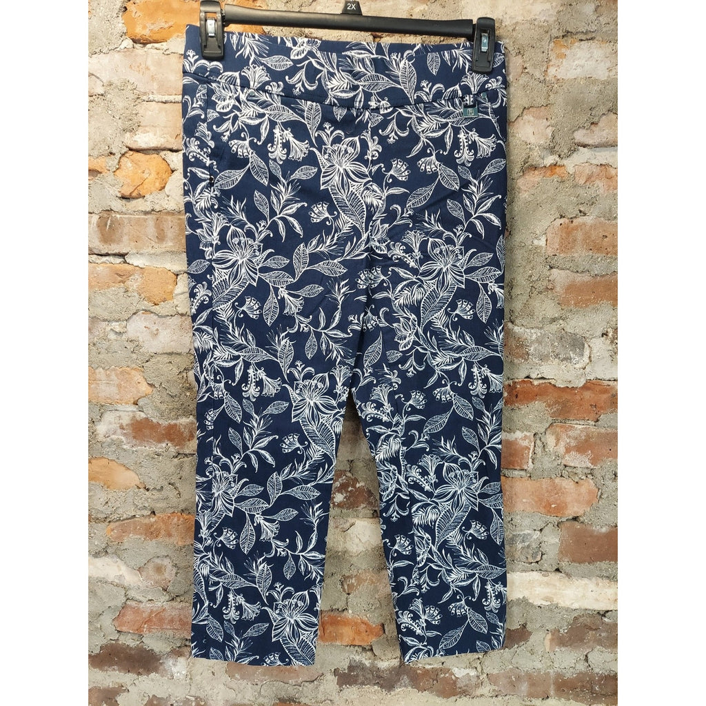 Rafaella Womens Sz 10 Capri Pants Navy White Floral Print Stretch Comfort