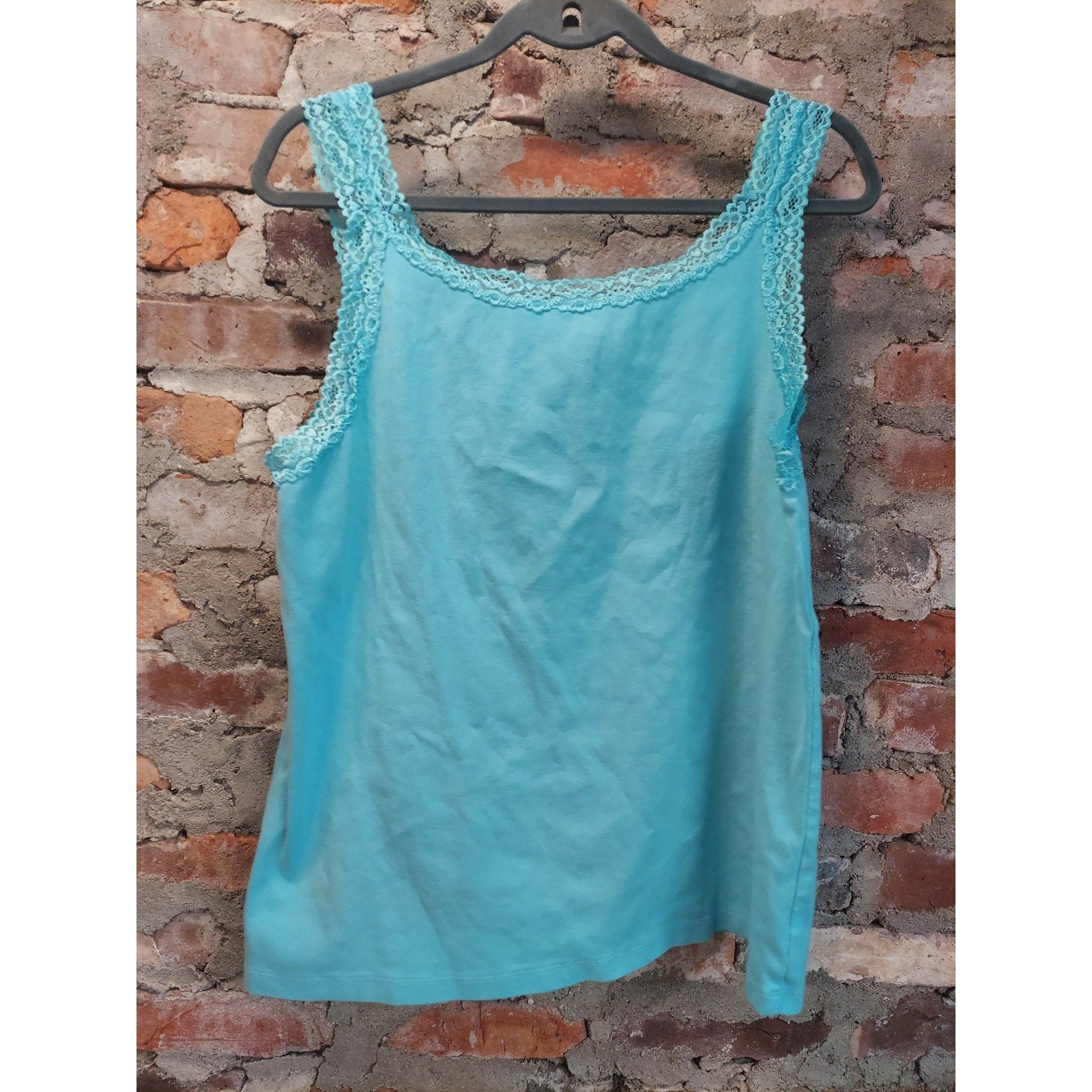 Chico's Womens Tank Top Size 3 Turquoise Lace Trim Cami Knit Shirt