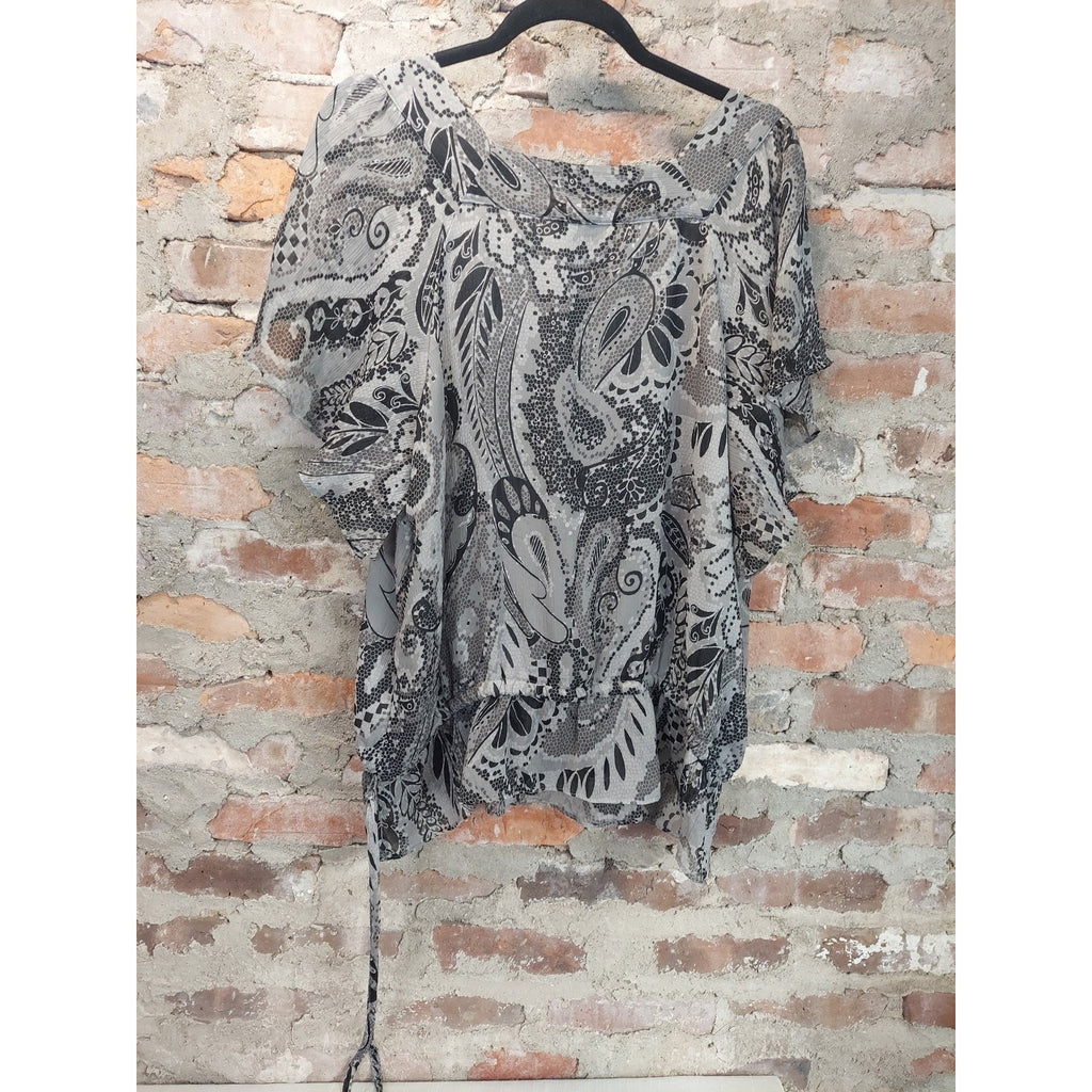 APT. 9 Womens Blouse 1X Paisley Print Black Gray White Sheer