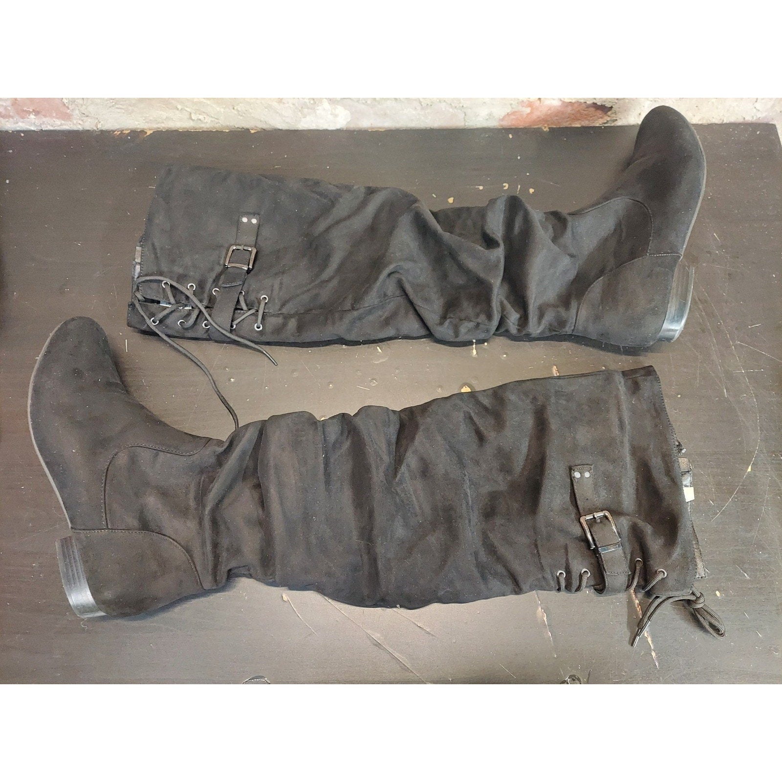 Womens Over The Knee Boots Flat Heel Black Faux Suede Slouchy Size 9.5 Lace Up