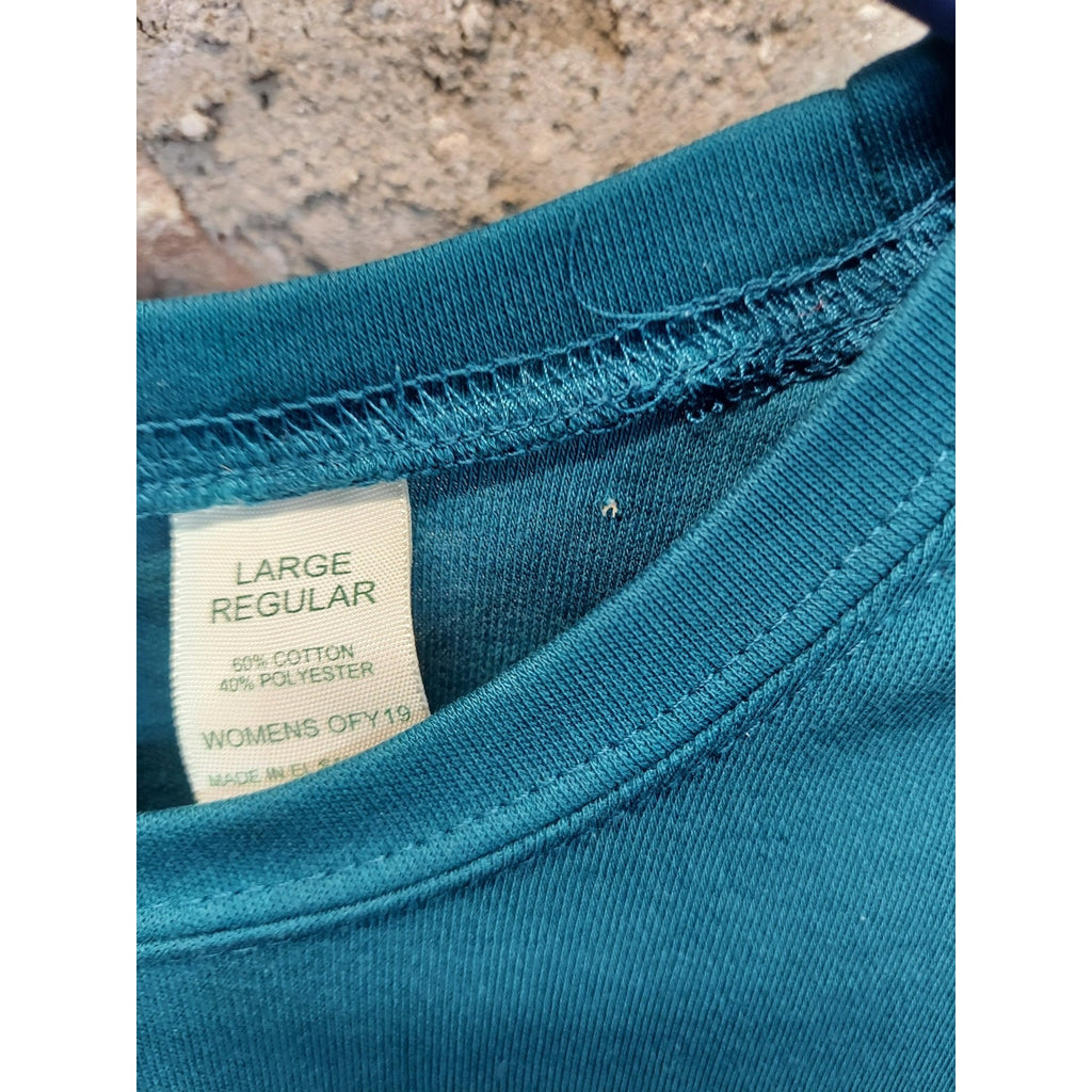 Womens Long Sleeve Top Large Teal Cotton Polyester Blend Casual Crew Neck