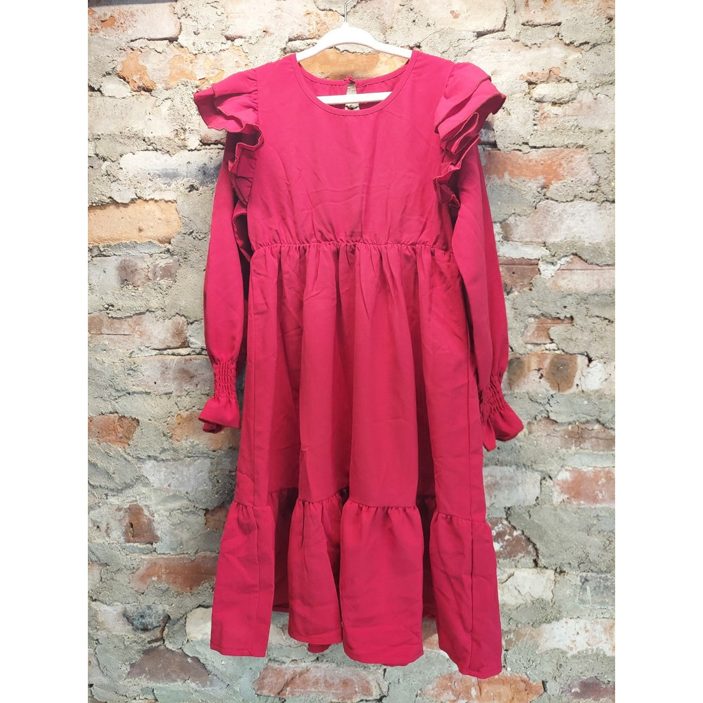 Girls Dress 6-7Y Fuchsia Pink Long Sleeve Tiered Ruffle Polyester
