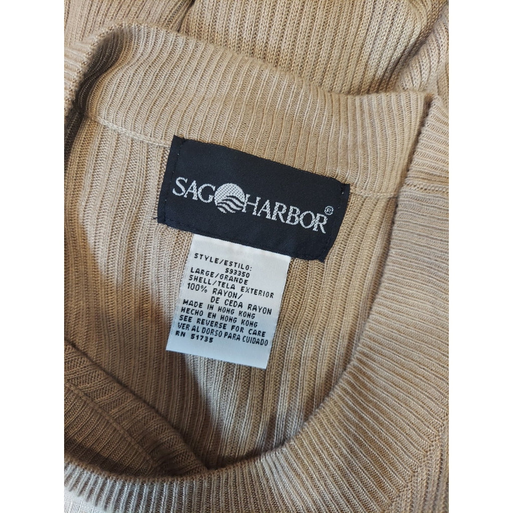 Sag Harbor Womens Ribbed Knit Top Short Sleeve Large Tan Rayon Mock Neck