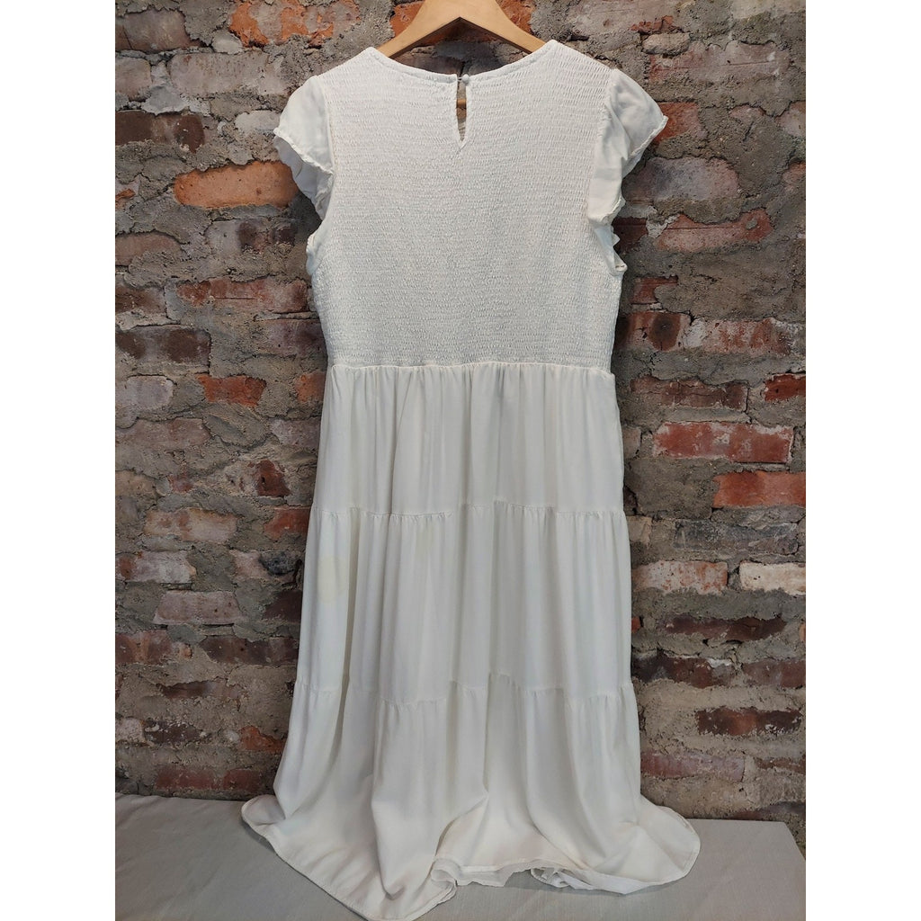 ZESICA Womens Dress XXL White Smocked Bodice Tiered Flutter Sleeve Midi