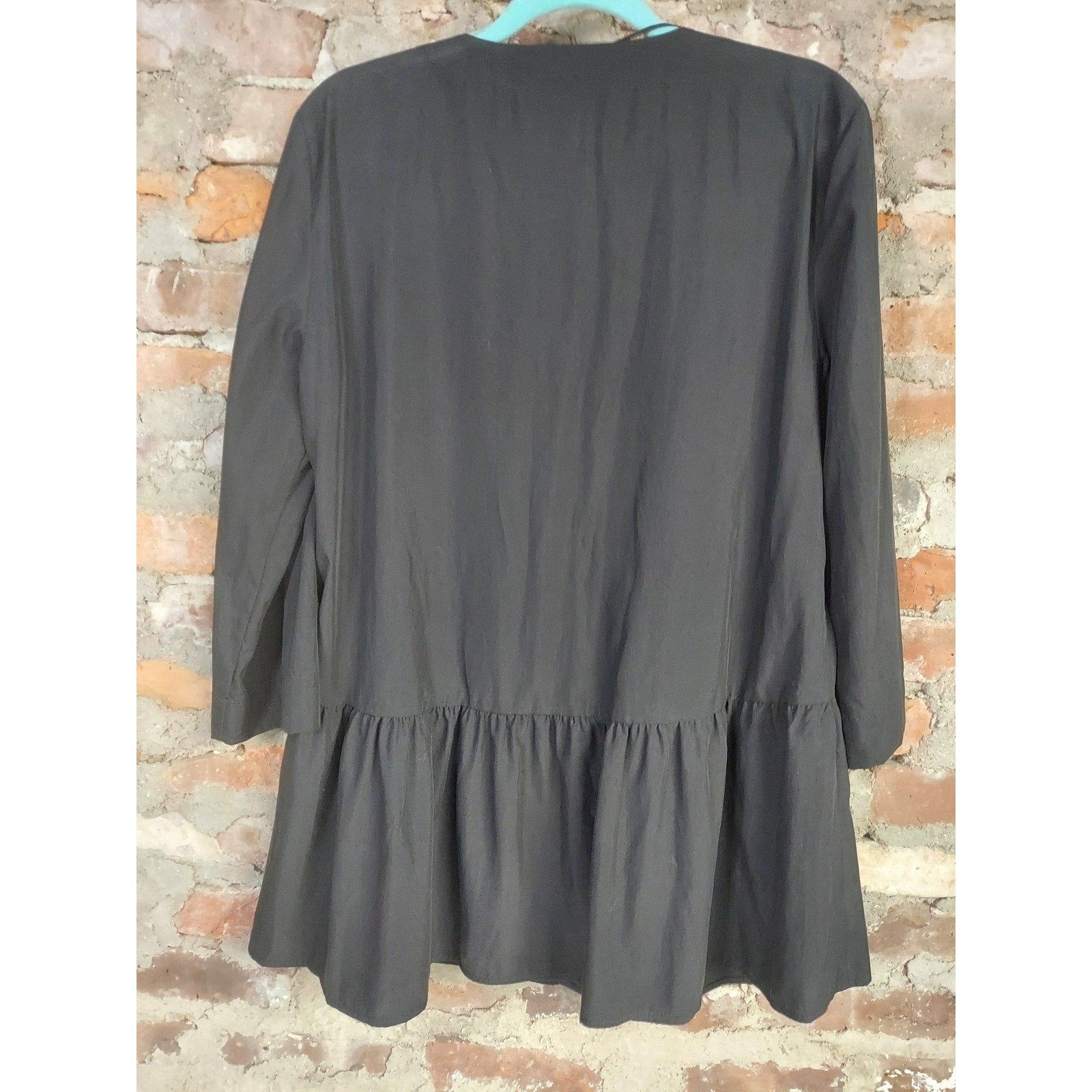 Zara Womens Peplum Blouse M Black Button Front Long Sleeve Flowy Tunic Top