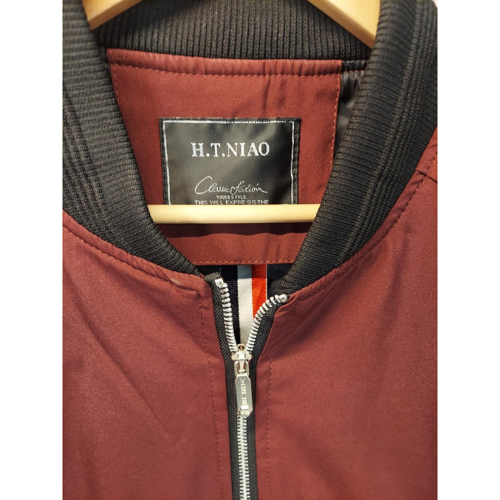 SHEIN Mens Bomber Jacket Size XXL Maroon Full Zip Ribbed Collar Arm Pocket