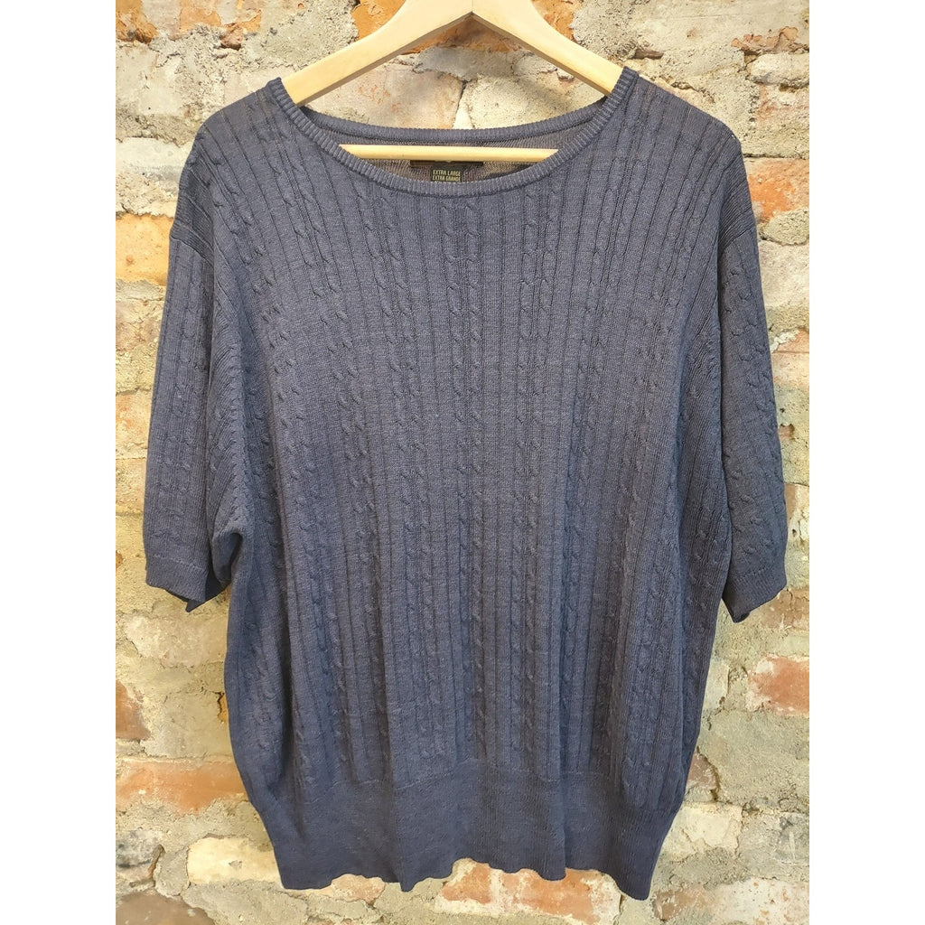 Yarnworks Pullover Sweater XL Navy Blue Cable Knit Short Sleeve Cotton Blend