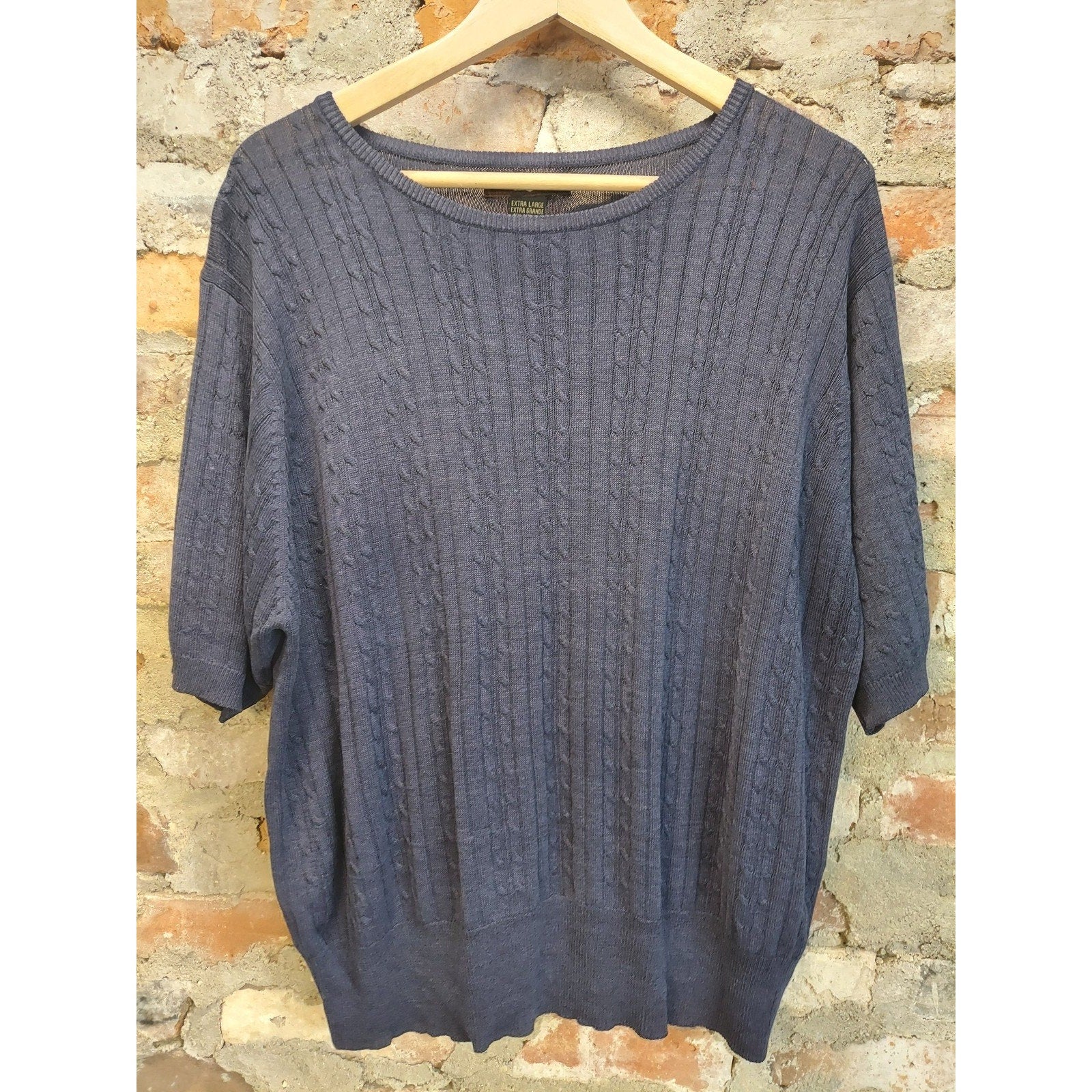 Yarnworks Pullover Sweater XL Navy Blue Cable Knit Short Sleeve Cotton Blend