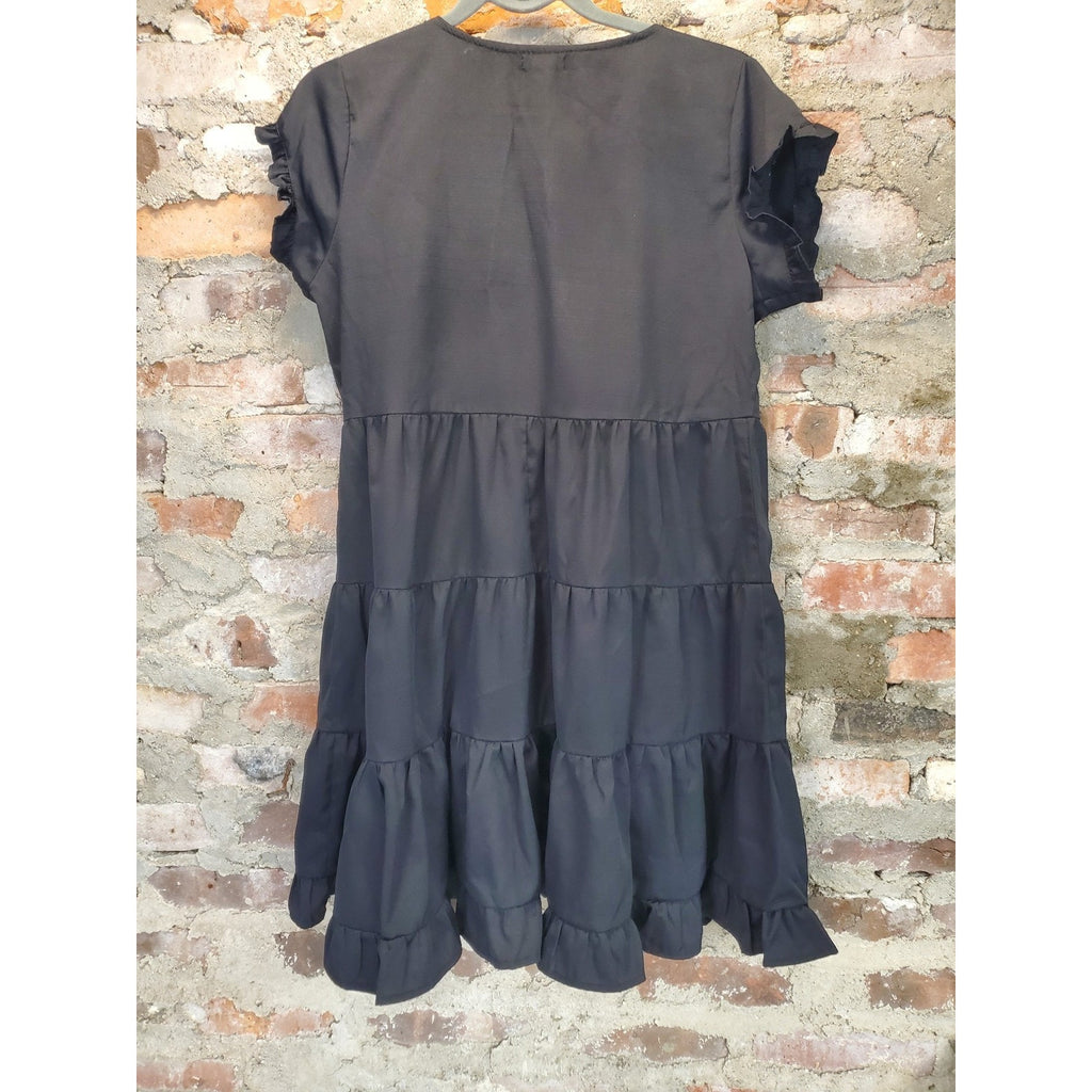 Style house Womens Black Tiered Ruffle Sleeve V Neck Mini Dress Size M
