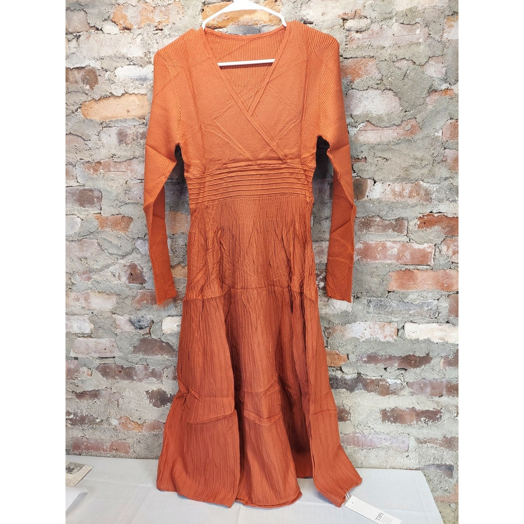Sandinaiu Womens Long Sleeve Midi Dress M Orange Ribbed Knit Pleated Wrap V Neck