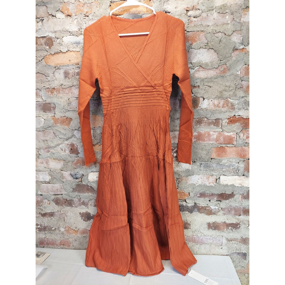 Sandinaiu Womens Long Sleeve Midi Dress M Orange Ribbed Knit Pleated Wrap V Neck