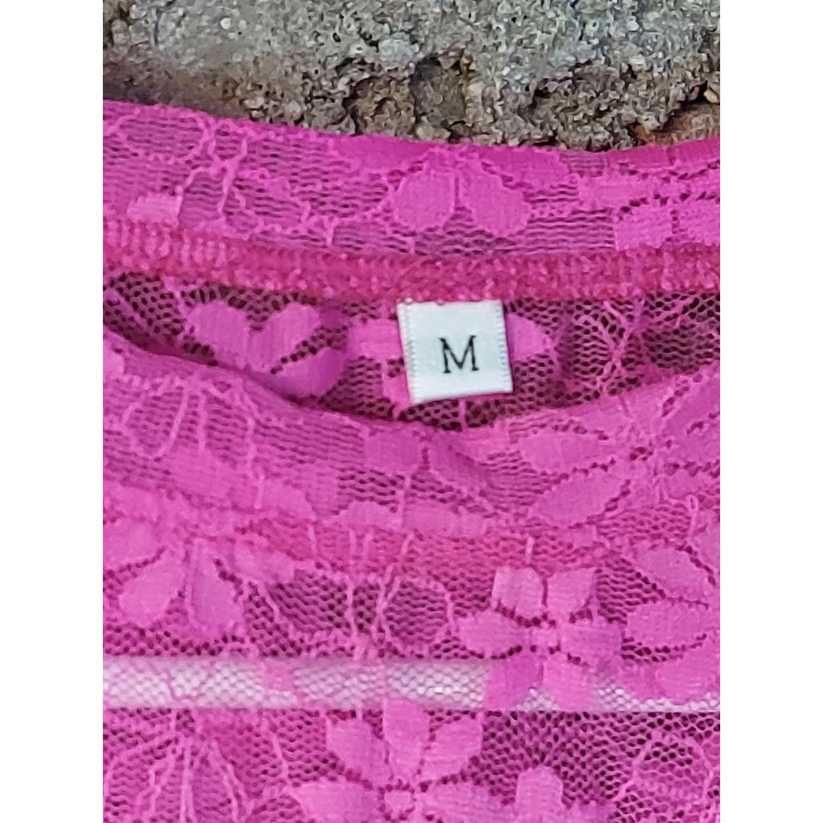Womens Hot Pink Sheer Lace Floral Long Sleeve Crew Neck Mesh Top M