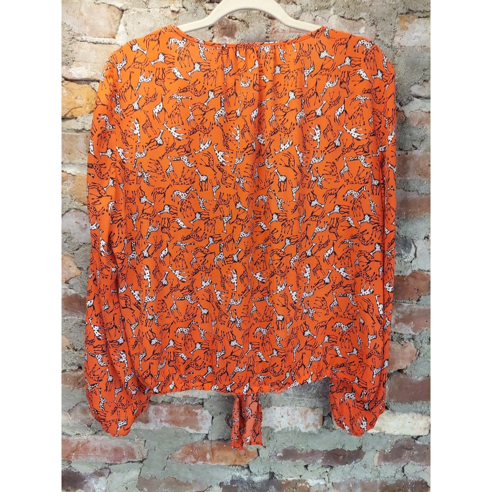 CHAUS Womens Blouse XL Orange Giraffe Print Long Sleeve Tie Front Scoop Neck